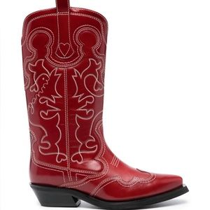 EUC- Ganni Red Mid shaft Embroidered Western Boots Sz37